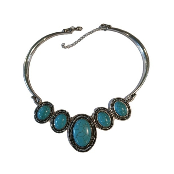 Beautiful Faux Turquoise Cabachon w Silver Choker Bib Statement Piece Necklace - Picture 8 of 8